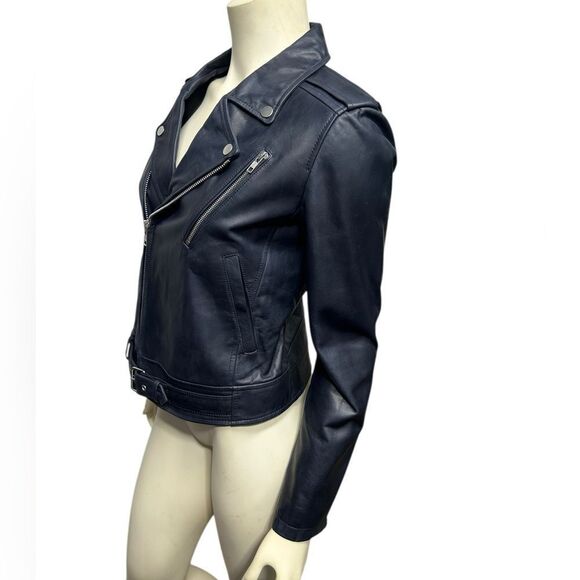 NWT Theory Speed Leather Jacket Dark Navy Blue Asymmetrical Zip Style Sahral - Picture 7 of 16